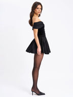 Echo Black Velvet Off shoulder Pleated Mini Dress
