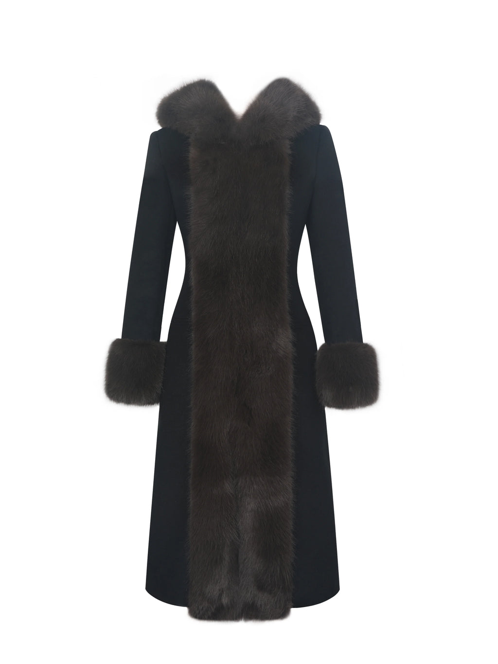 Sloan Black Wool Blend Sculpted Midi Coat with Fur Hood