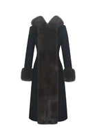 Sloan Black Wool Blend Sculpted Midi Coat with Fur Hood