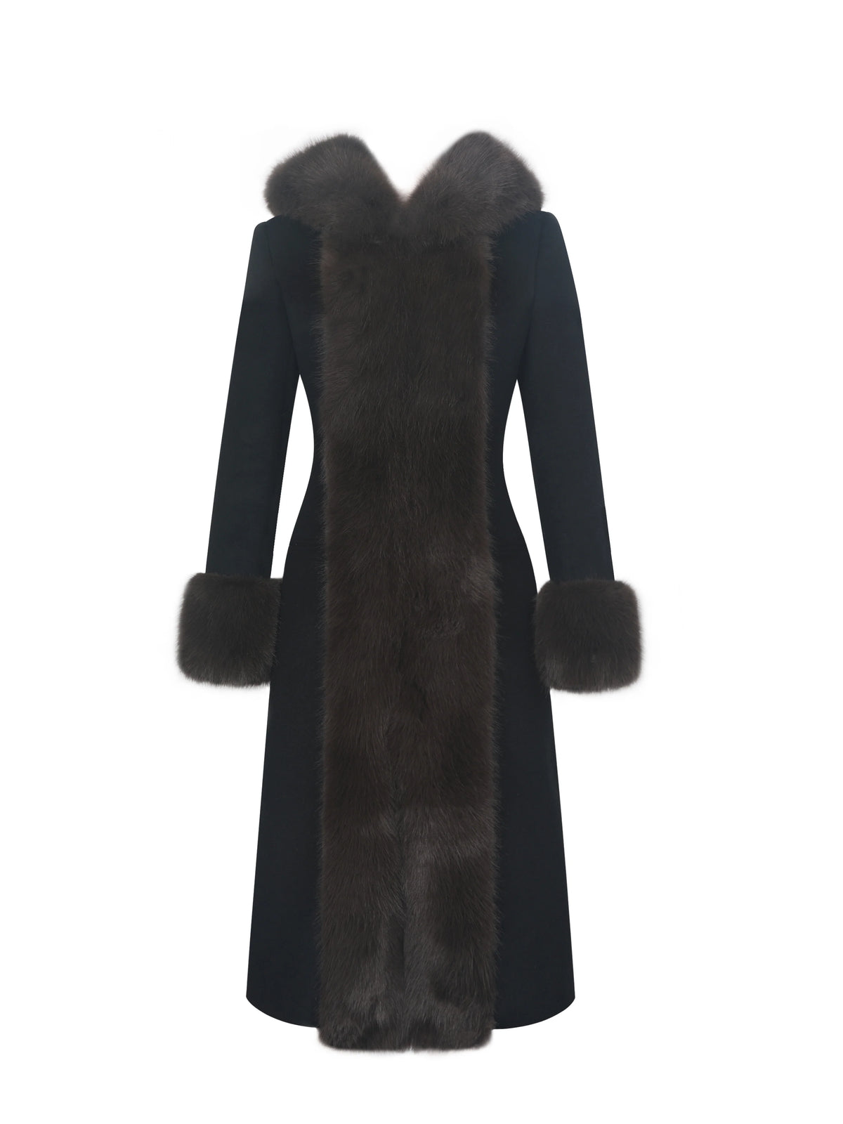 Sloan Black Wool Blend Sculpted Midi Coat with Fur Hood