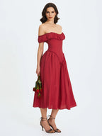 Xavy Crimson Off Shoulder Corset Midi Dress