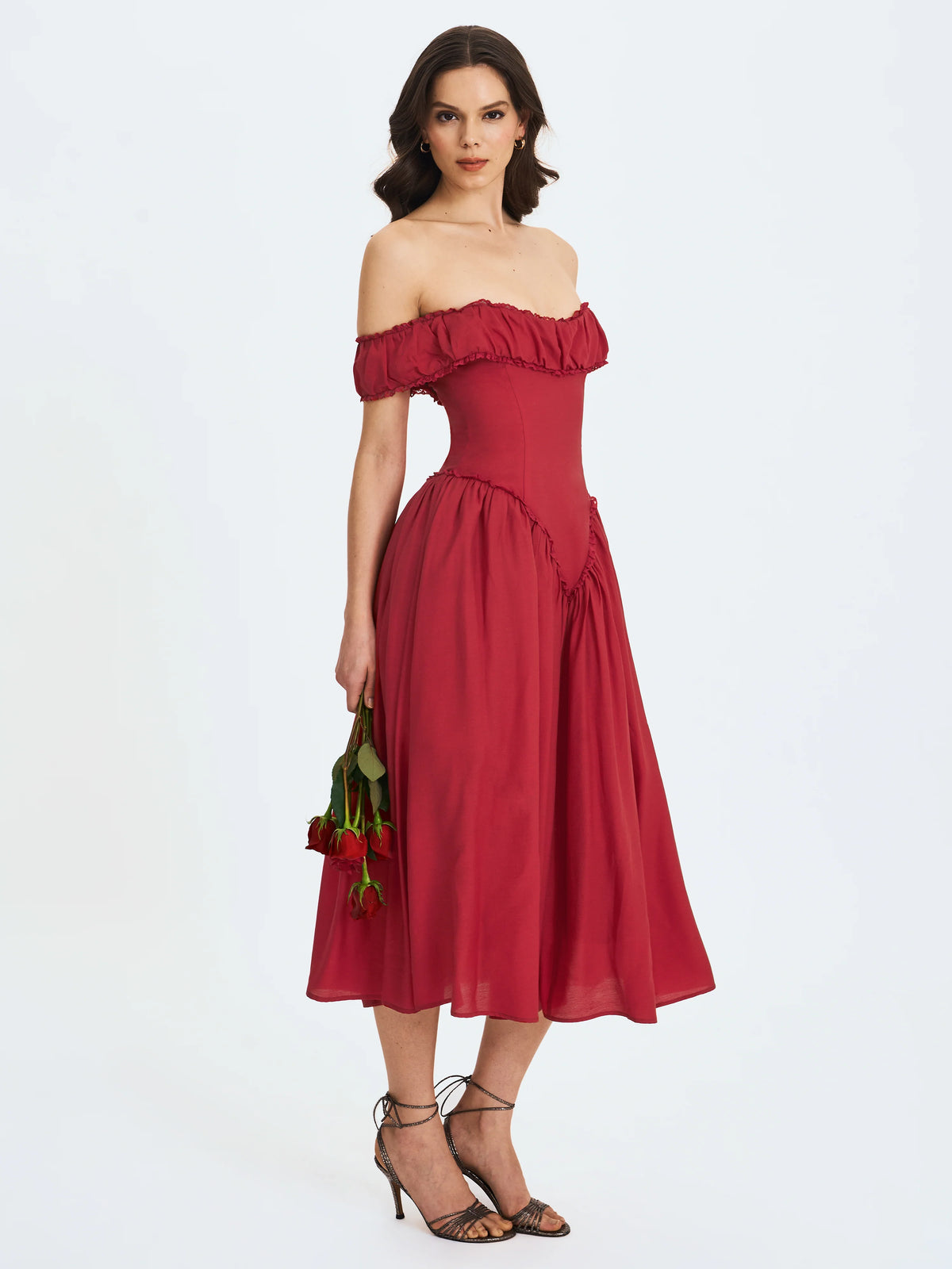 Xavy Crimson Off Shoulder Corset Midi Dress
