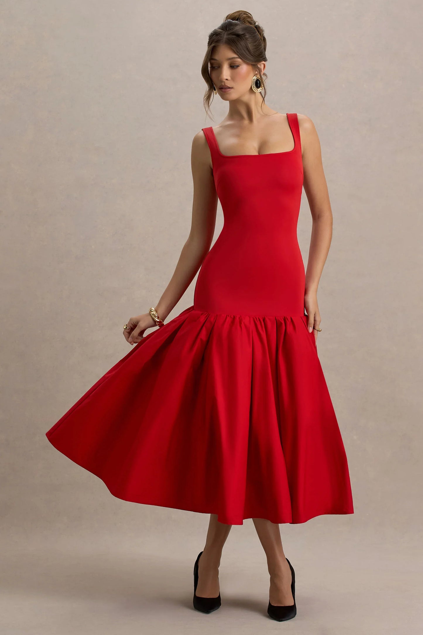 Parida Red Poplin Drop Waist Midi Dress With Peplum Hem