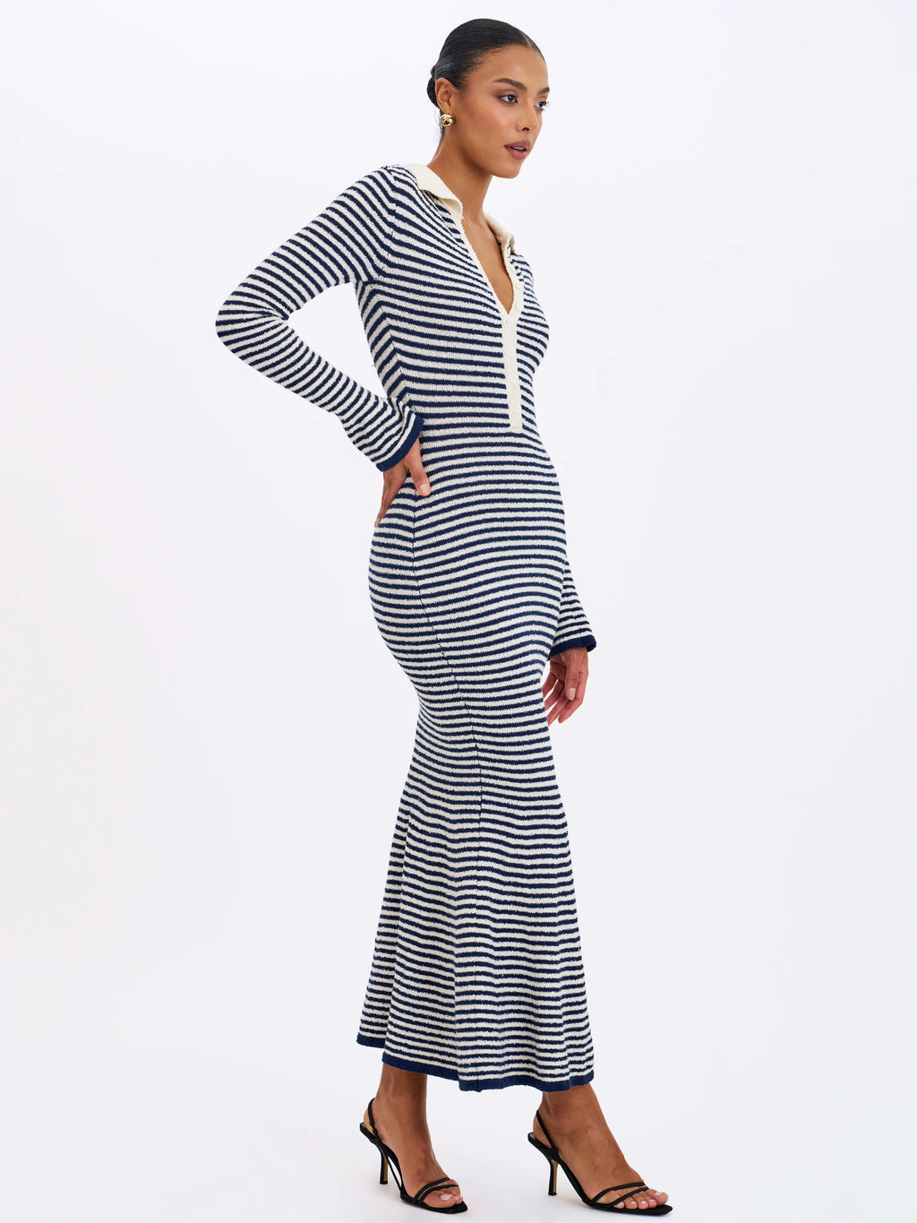 Xelie Navy White Cotton Terry Knit Mermaid Maxi Dress