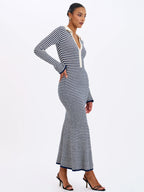 Xelie Navy White Cotton Terry Knit Mermaid Maxi Dress