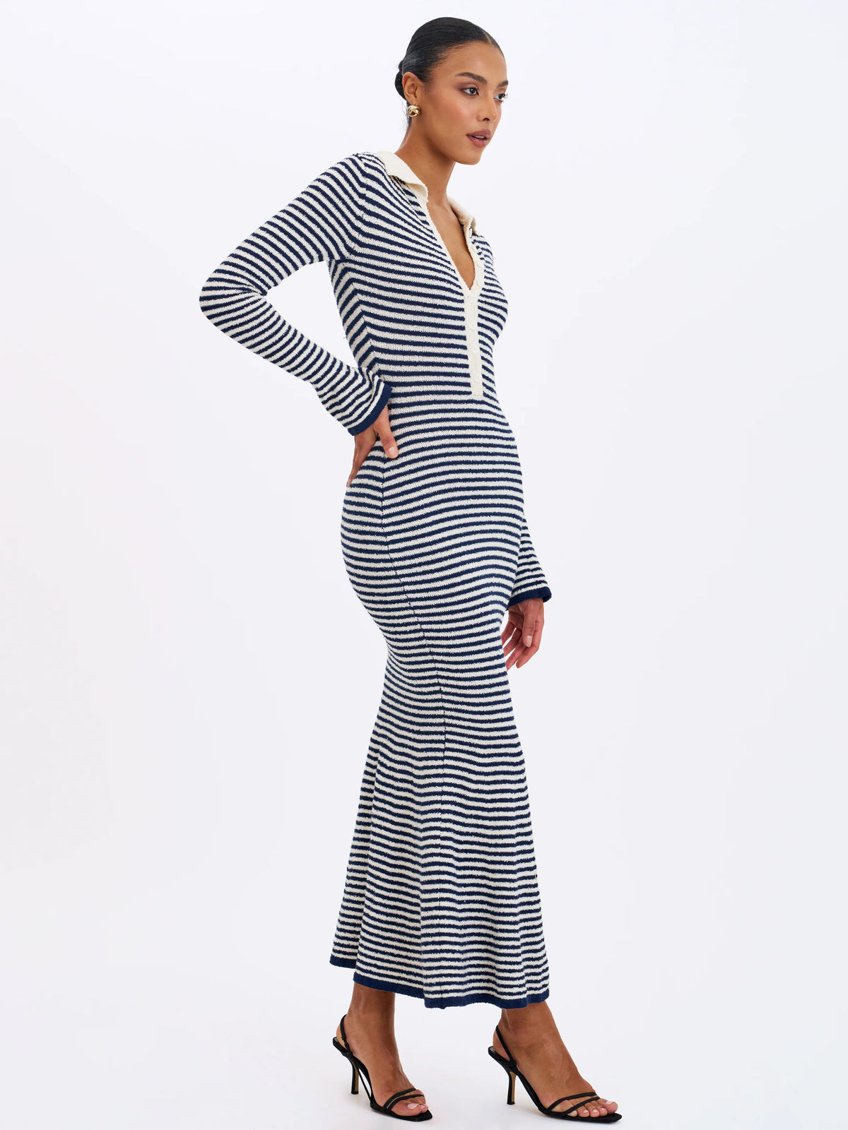 Xelie Navy White Cotton Terry Knit Mermaid Maxi Dress