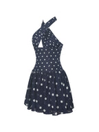 Yamina Navy Polka Dot Ramie Crossover Halter Gathered Mini Dress
