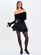 Magnolia Black Off Shoulder Layered Satin Mini Dress