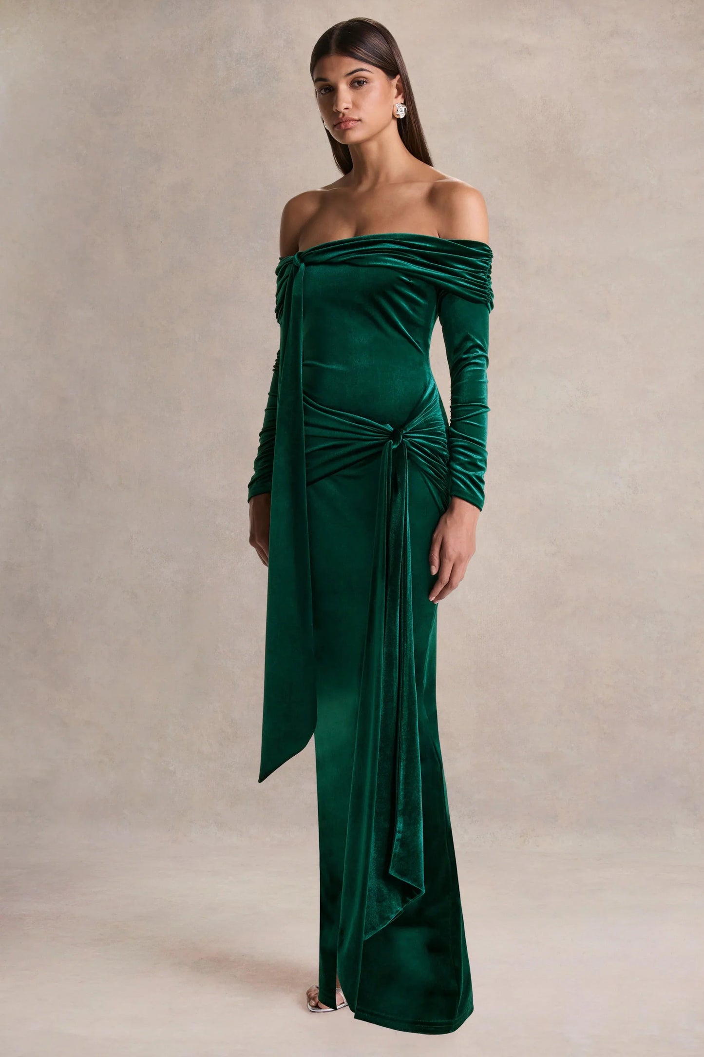 Jessara Bottle Green Bardot Neck Maxi Dress With Knot Details