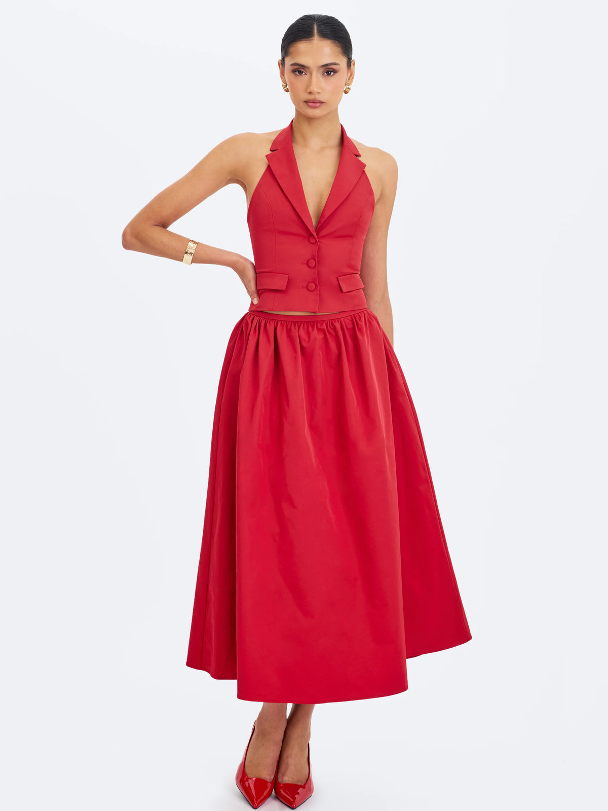 Ursella Crimson Halter Single Breasted Lapel Top
