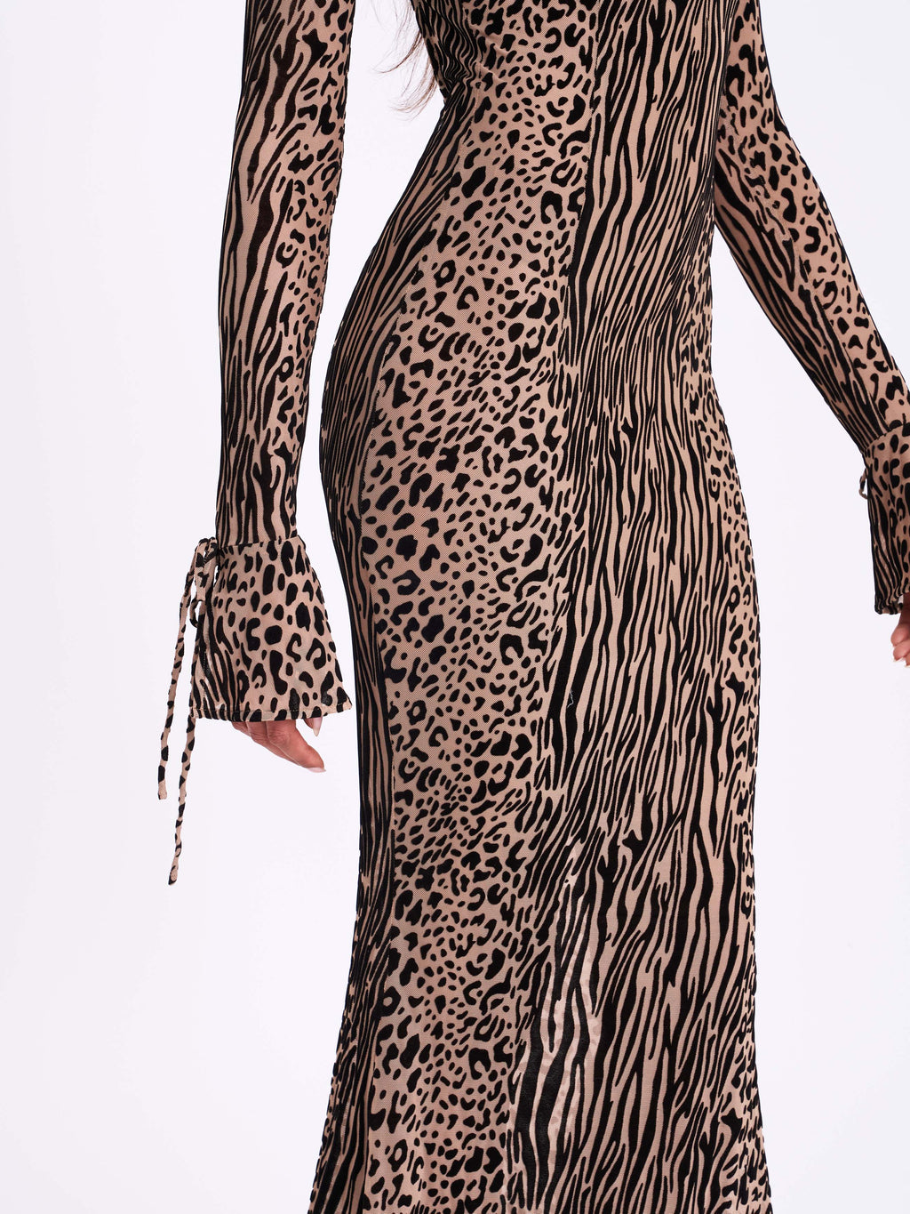 Waylynn Nude Black Animal Print Burnout Velvet Detail Mesh Backless Maxi Dress