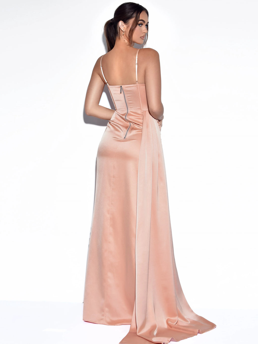 Elayna Blush Strappy Satin Corset High Slit Gown Archive Sale