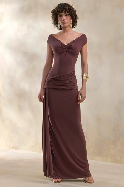 Petronia Brown V Neck Maxi Dress With Wrap Detail