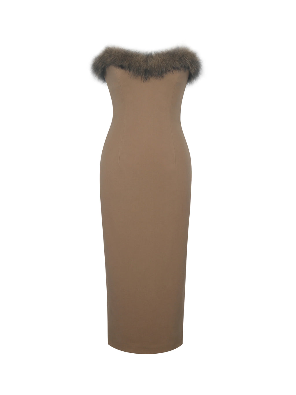 Rayanne Chestnut Strapless Fur Trimmed Sweetheart Midi Dress