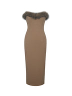 Rayanne Chestnut Strapless Fur Trimmed Sweetheart Midi Dress