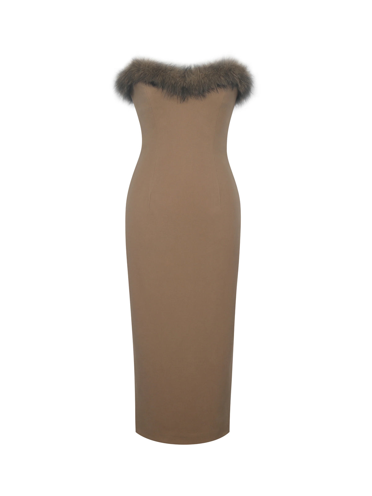 Rayanne Chestnut Strapless Fur Trimmed Sweetheart Midi Dress