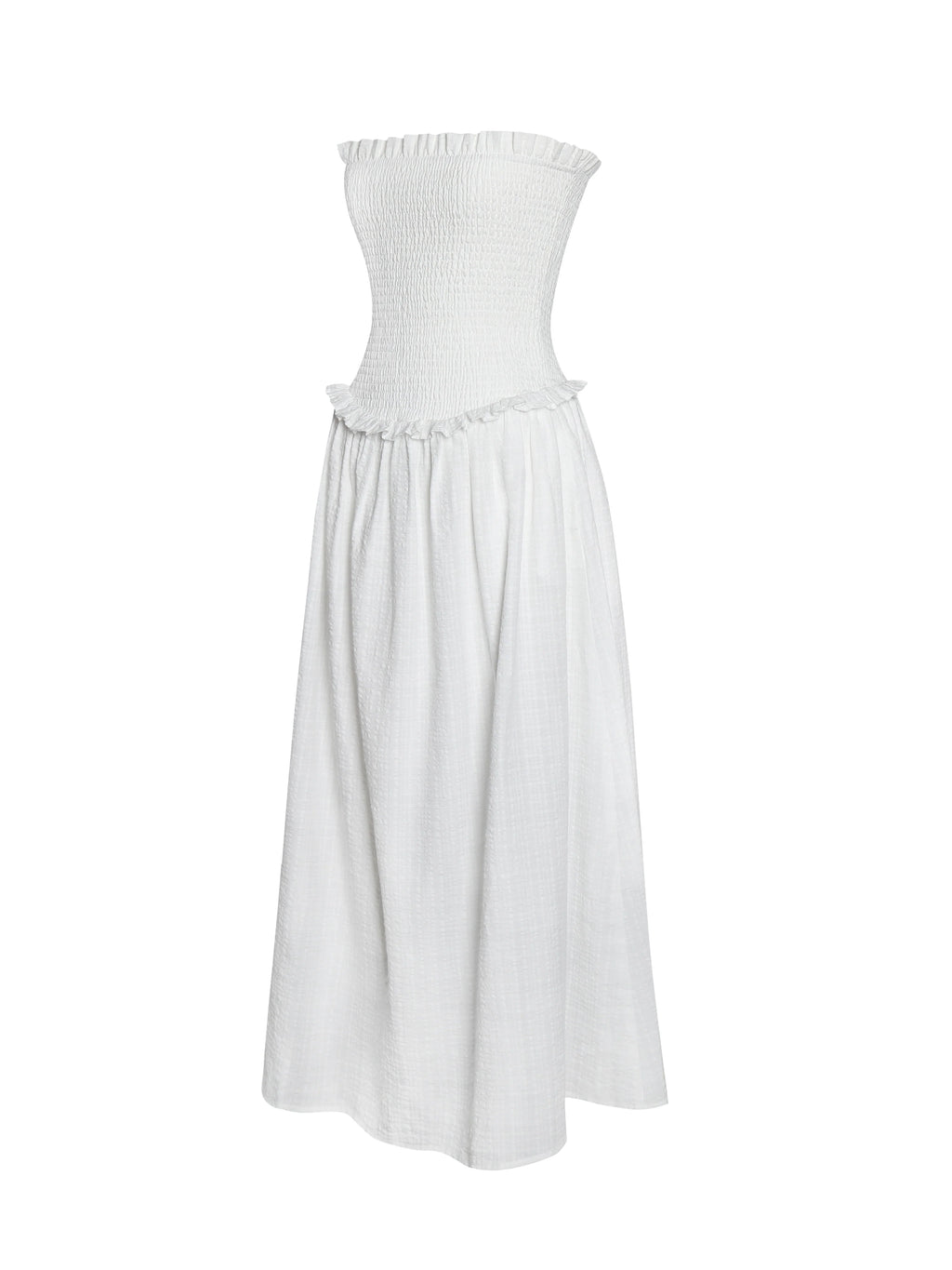 Quadiya White Cotton Seersucker Smocked Strapless Midi Dress Archive Sale