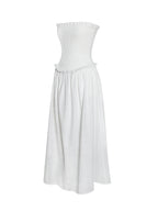 Quadiya White Cotton Seersucker Smocked Strapless Midi Dress Archive Sale