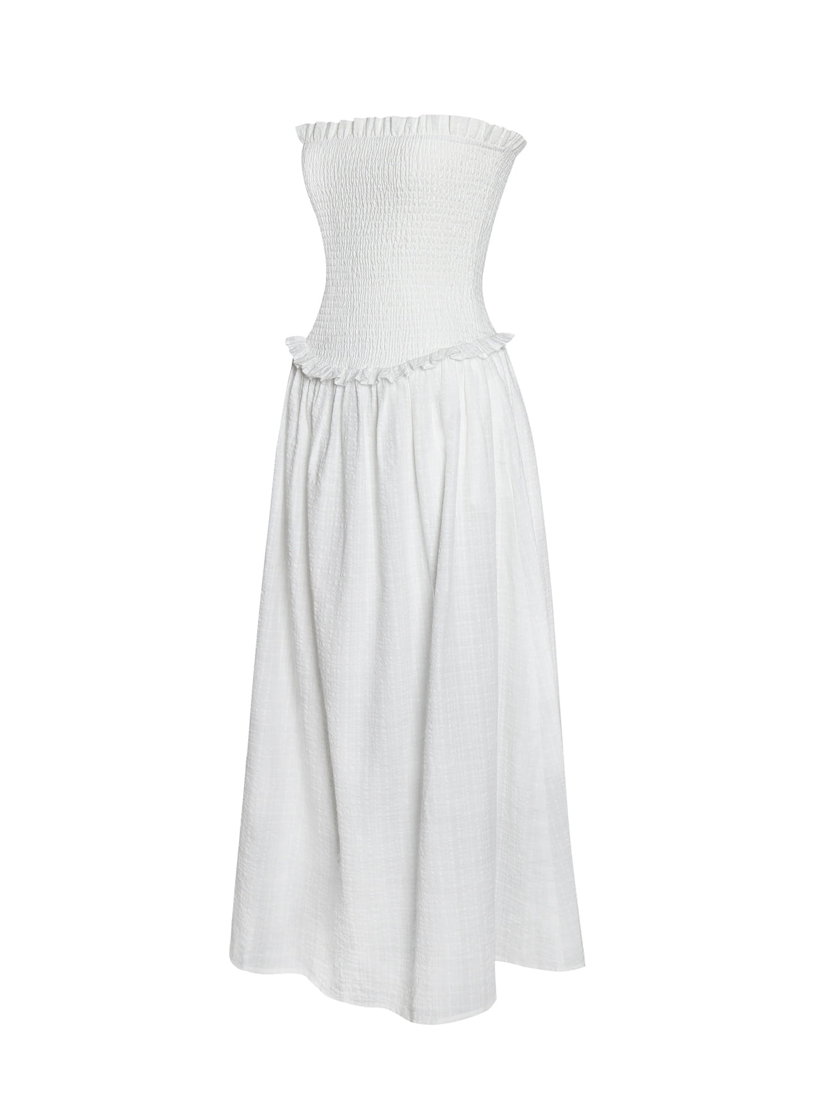 Quadiya White Cotton Seersucker Smocked Strapless Midi Dress Archive Sale
