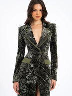 Willow Green Glossy Velvet High Slit Blazer Gown Archive Sale