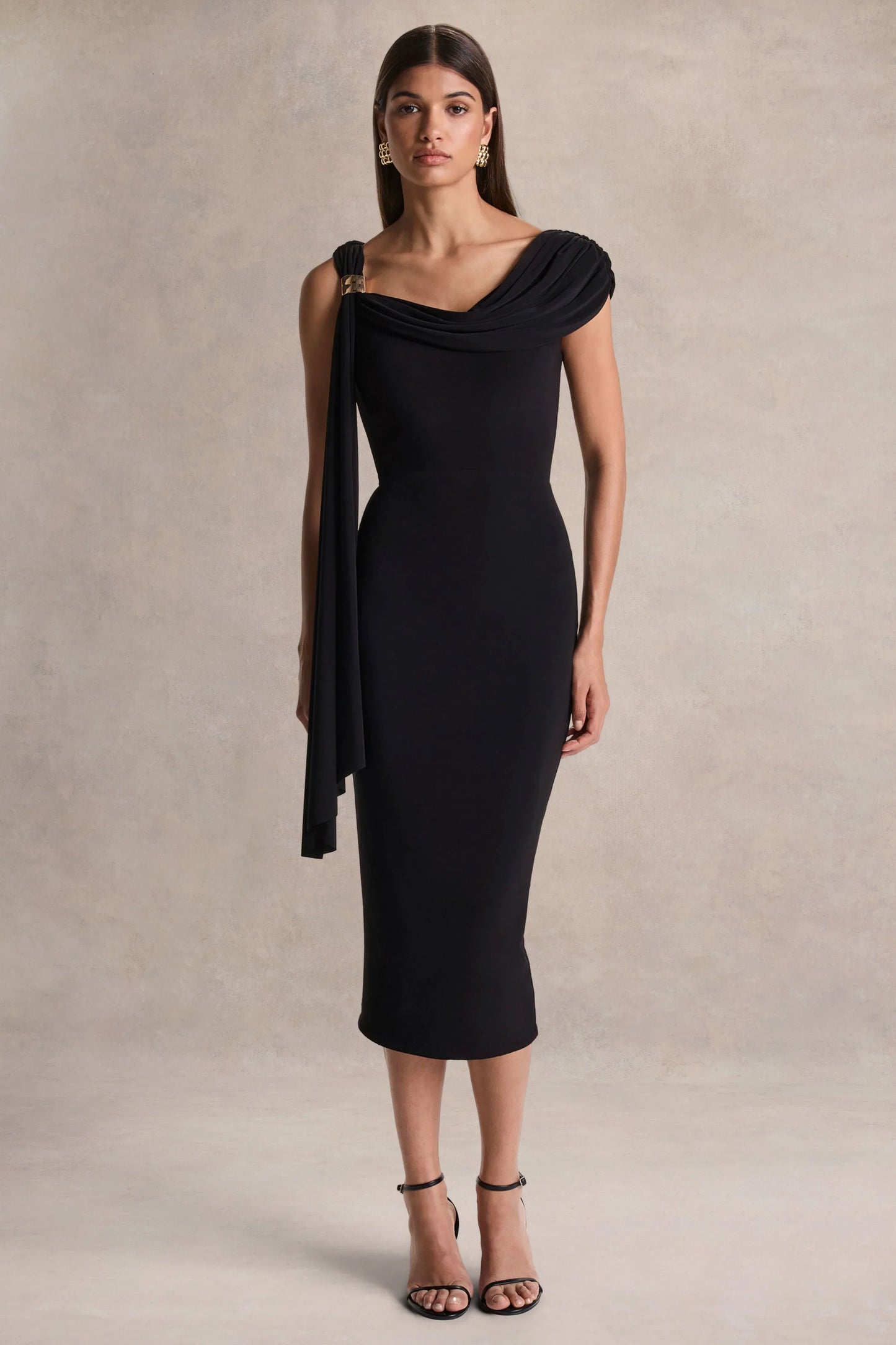 Mirelda Black Asymmetric Neck Midi Dress With Gold Detail