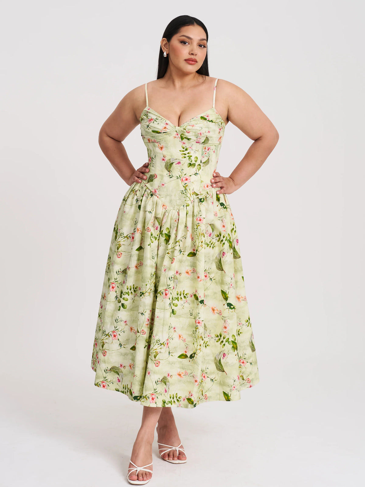 Jacinda Green Floral Print Linen Midi Dress