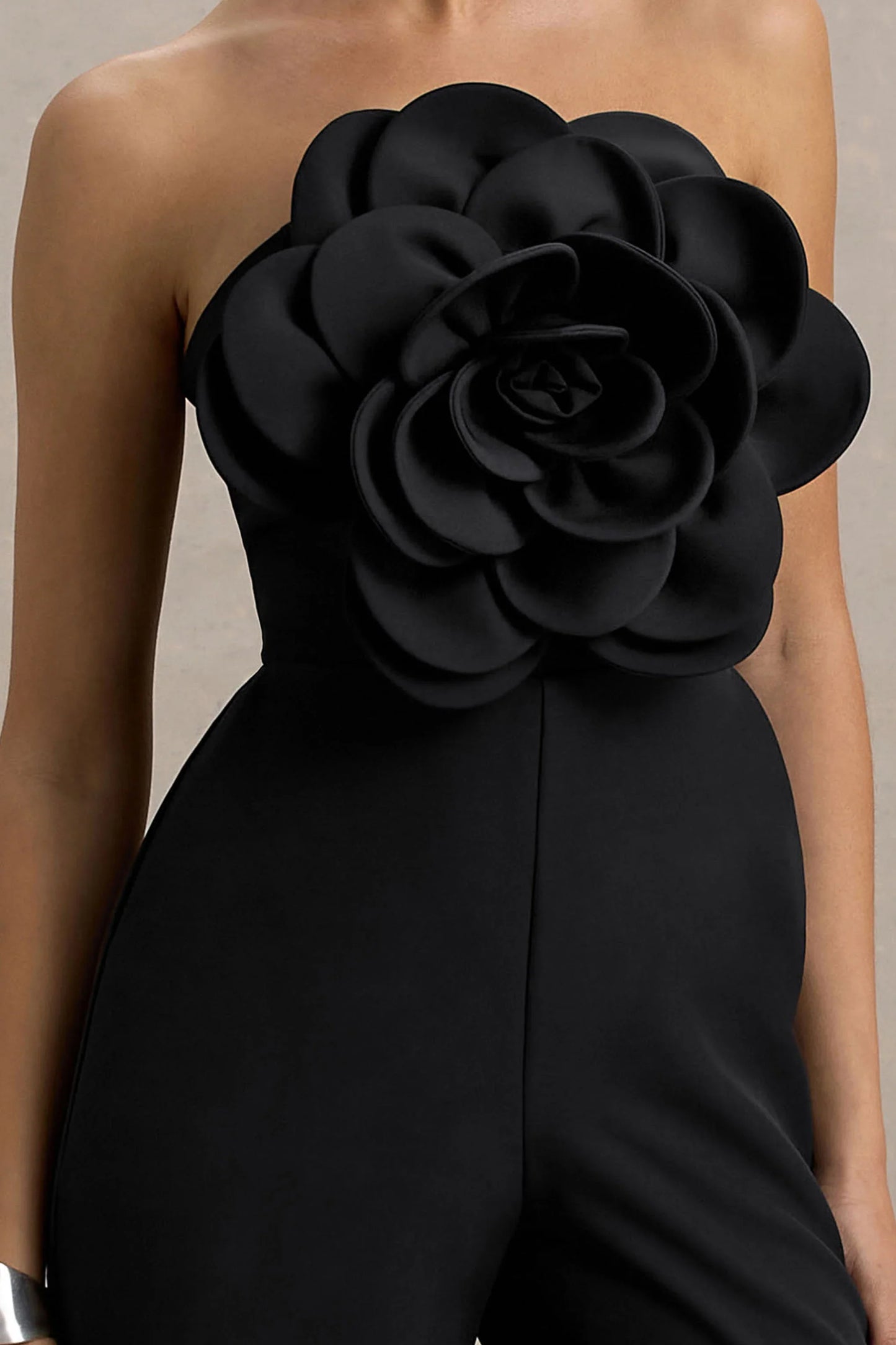 Opia Black Bandeau Wide Leg Jumpsuit With Large Floral Corsage