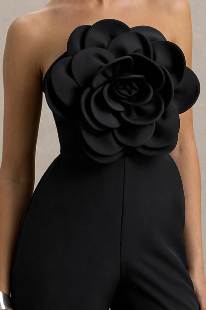Opia Black Bandeau Wide Leg Jumpsuit With Large Floral Corsage