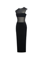 Quielle Black Mesh and Velvet Midi Bodycon Dress