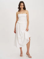 Quadiya White Cotton Seersucker Smocked Strapless Midi Dress Archive Sale