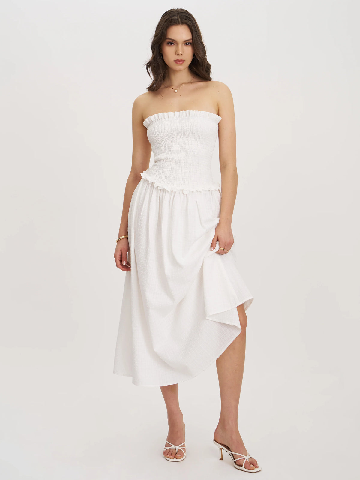 Quadiya White Cotton Seersucker Smocked Strapless Midi Dress Archive Sale