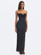 Preslie Black Satin Crystal Mesh Sheath Maxi Dress
