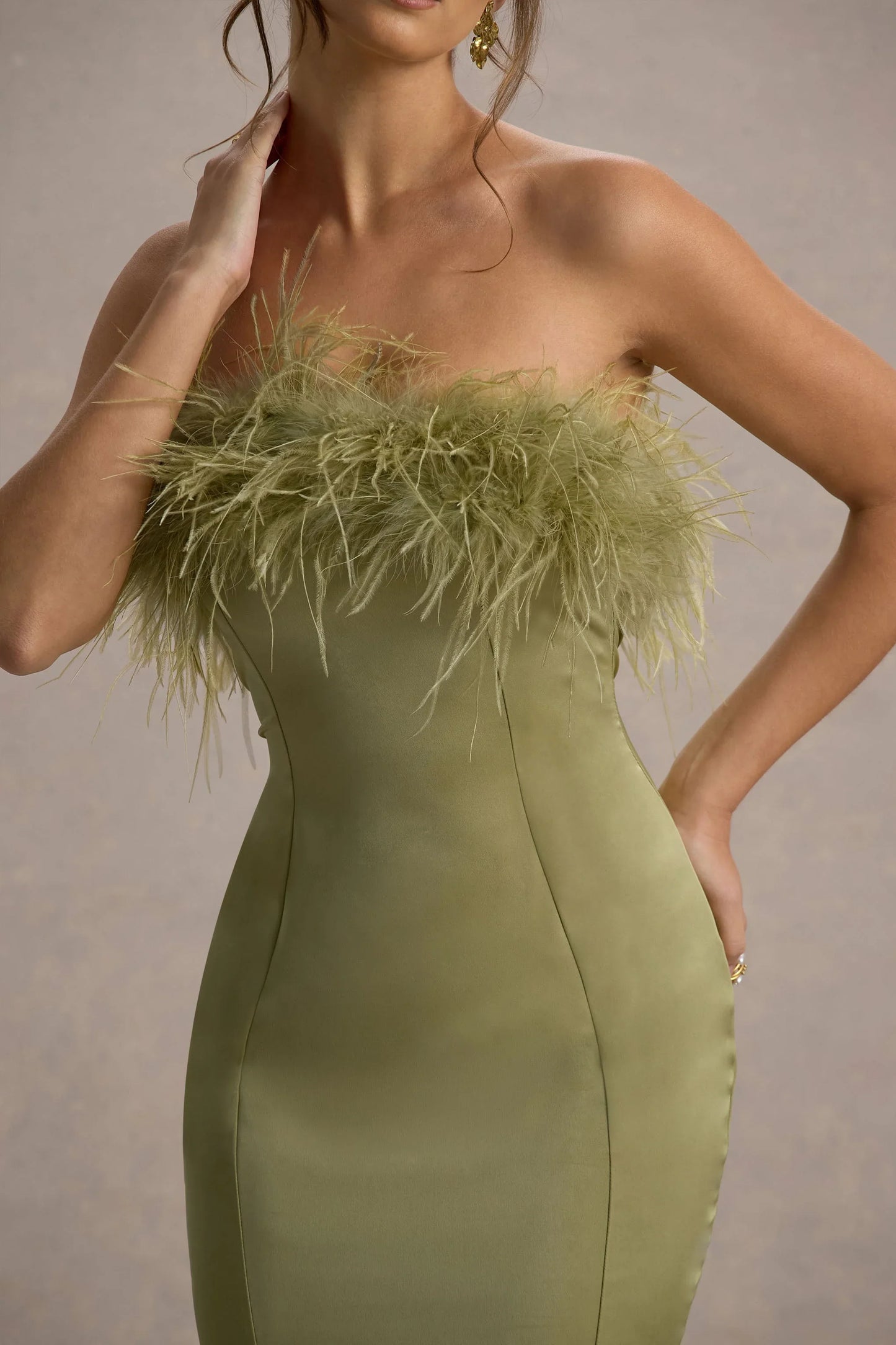 One And Only Light Green Satin Feather Trim Bandeau Midi Dress