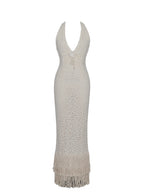 Faelyn Off White Double Fringe Crochet Halter Maxi Dress