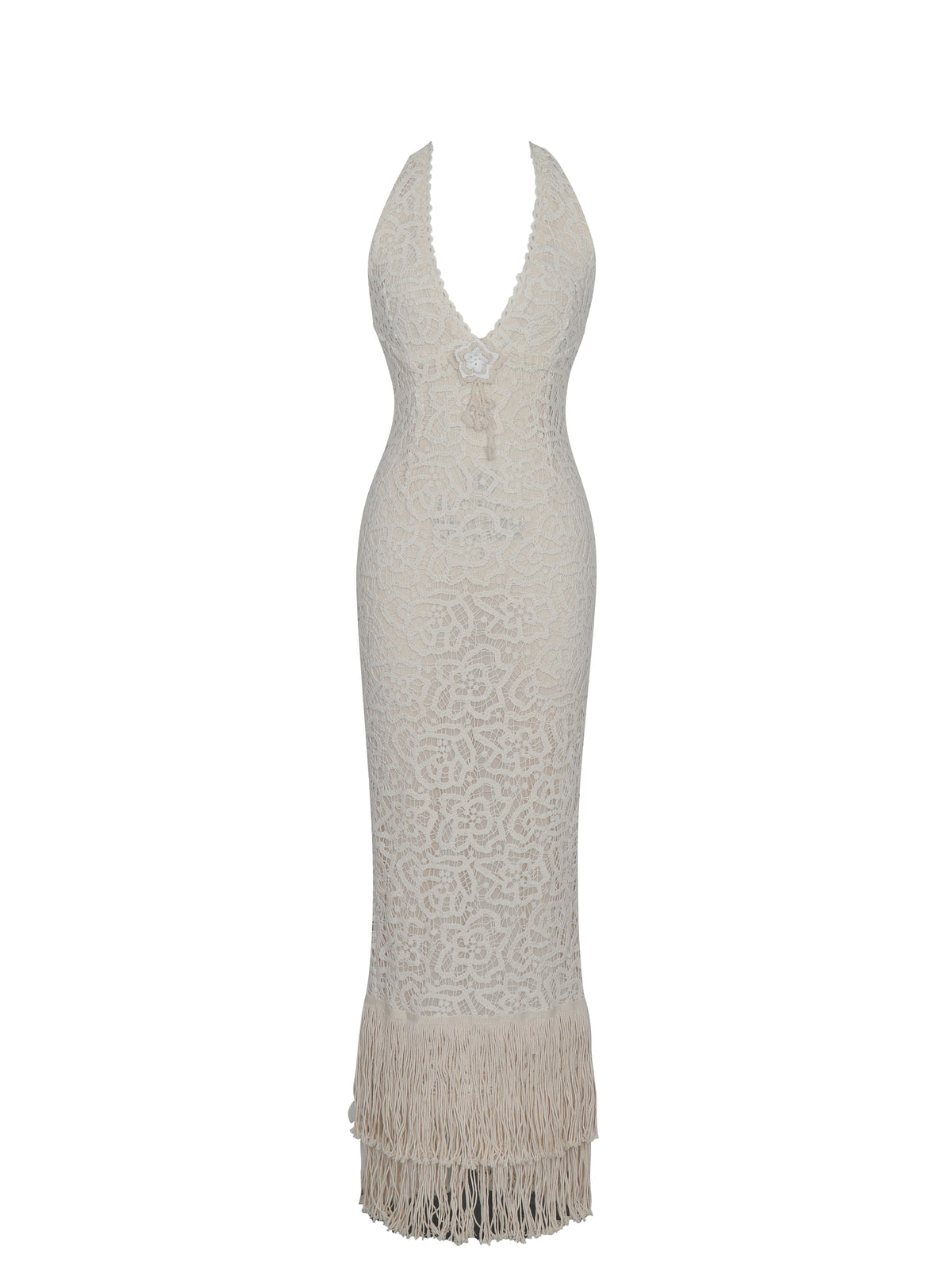 Faelyn Off White Double Fringe Crochet Halter Maxi Dress