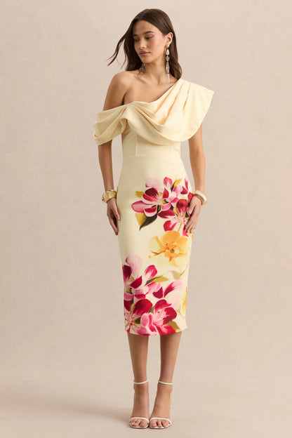Adrina Hot Pink Lemon Floral Print Draped One Shoulder Midi Dress