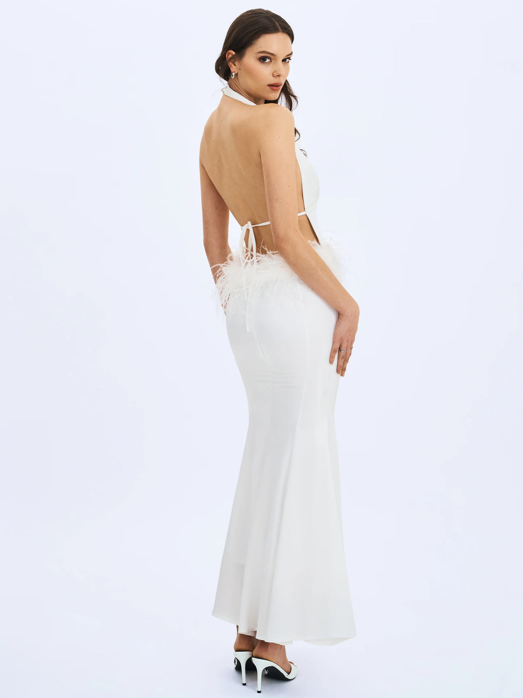 Solene Pleated Halter Backless Feather Trim Maxi Dress