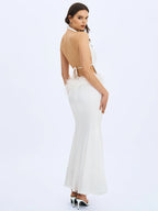 Solene Pleated Halter Backless Feather Trim Maxi Dress