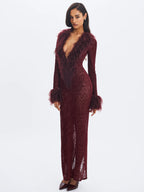 Luana Burgundy Plunging Fur Trimmed Burnout Mesh Maxi Dress