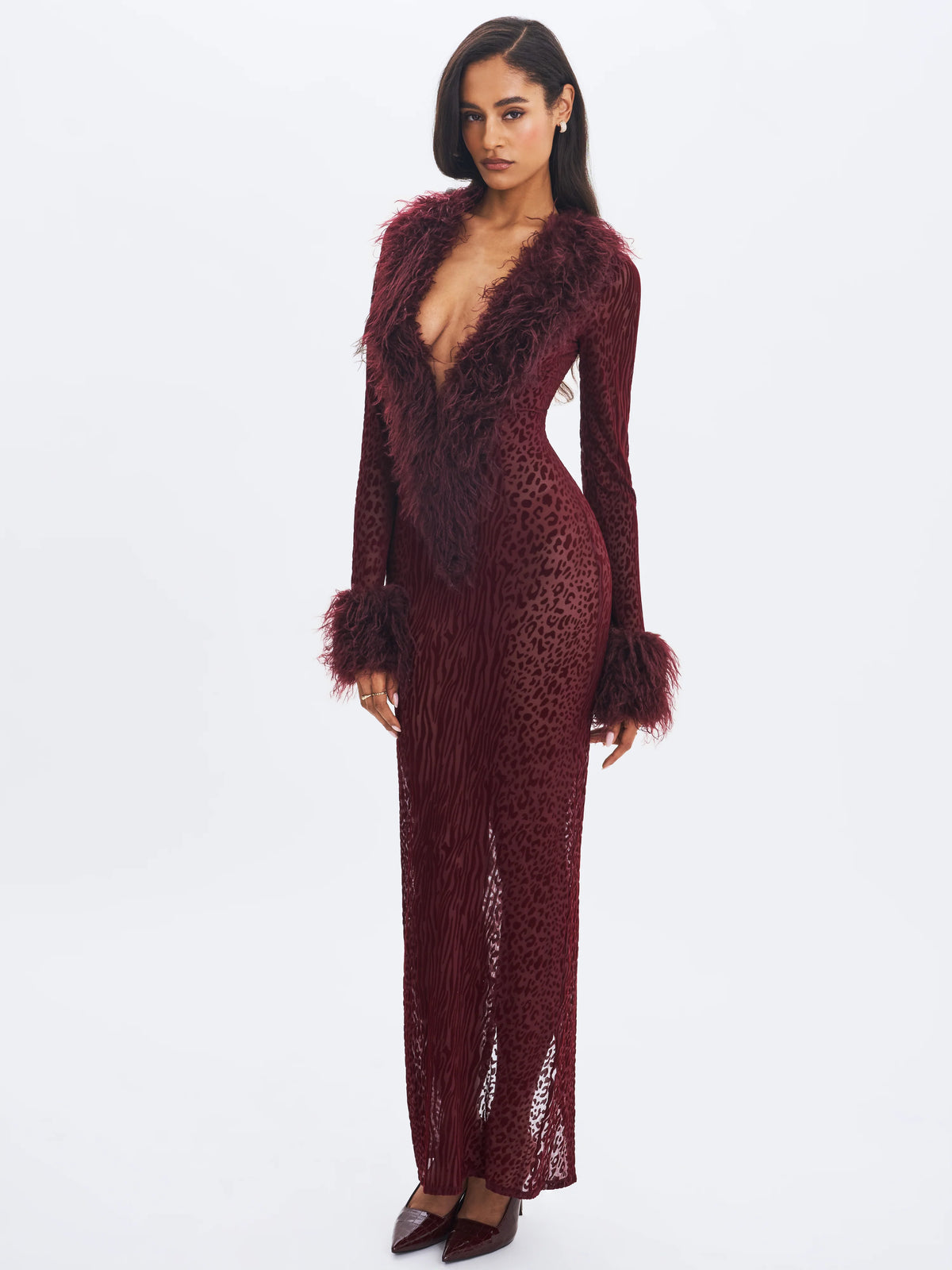 Luana Burgundy Plunging Fur Trimmed Burnout Mesh Maxi Dress