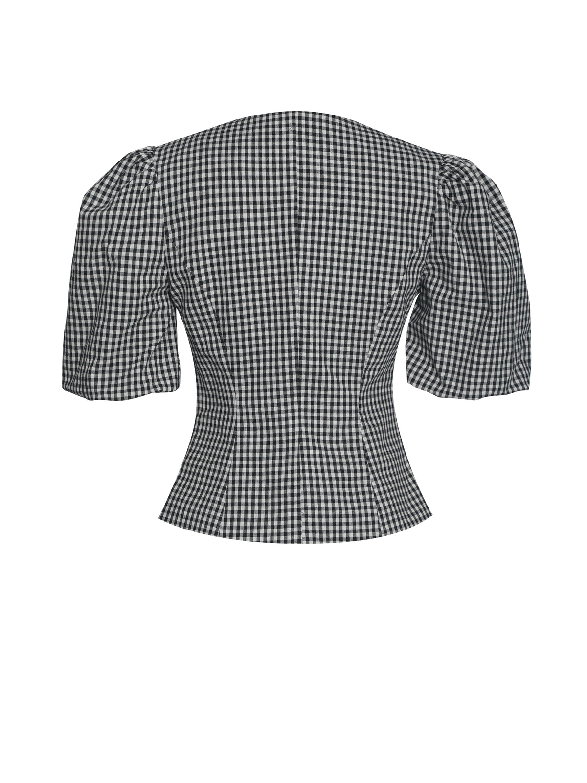 Qusayla Black Gingham Cotton Bubble Sleeve Bowtie Top