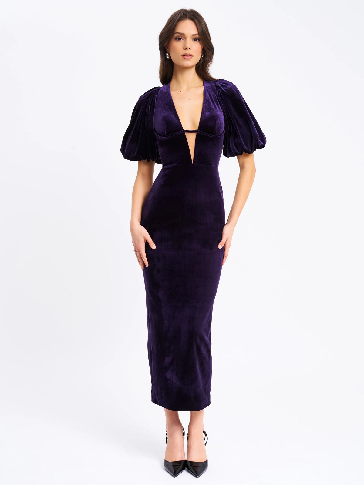 Coraline Purple Velvet Bubble Sleeve Backless Maxi Dress Archive Sale