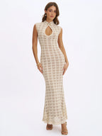 Xylona Beige Gold Crochet Teardrop Neckline Mermaid Maxi Dress