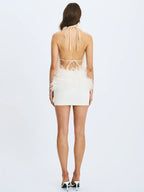 Quisten White Feathered Plunging Halter Mini Dress