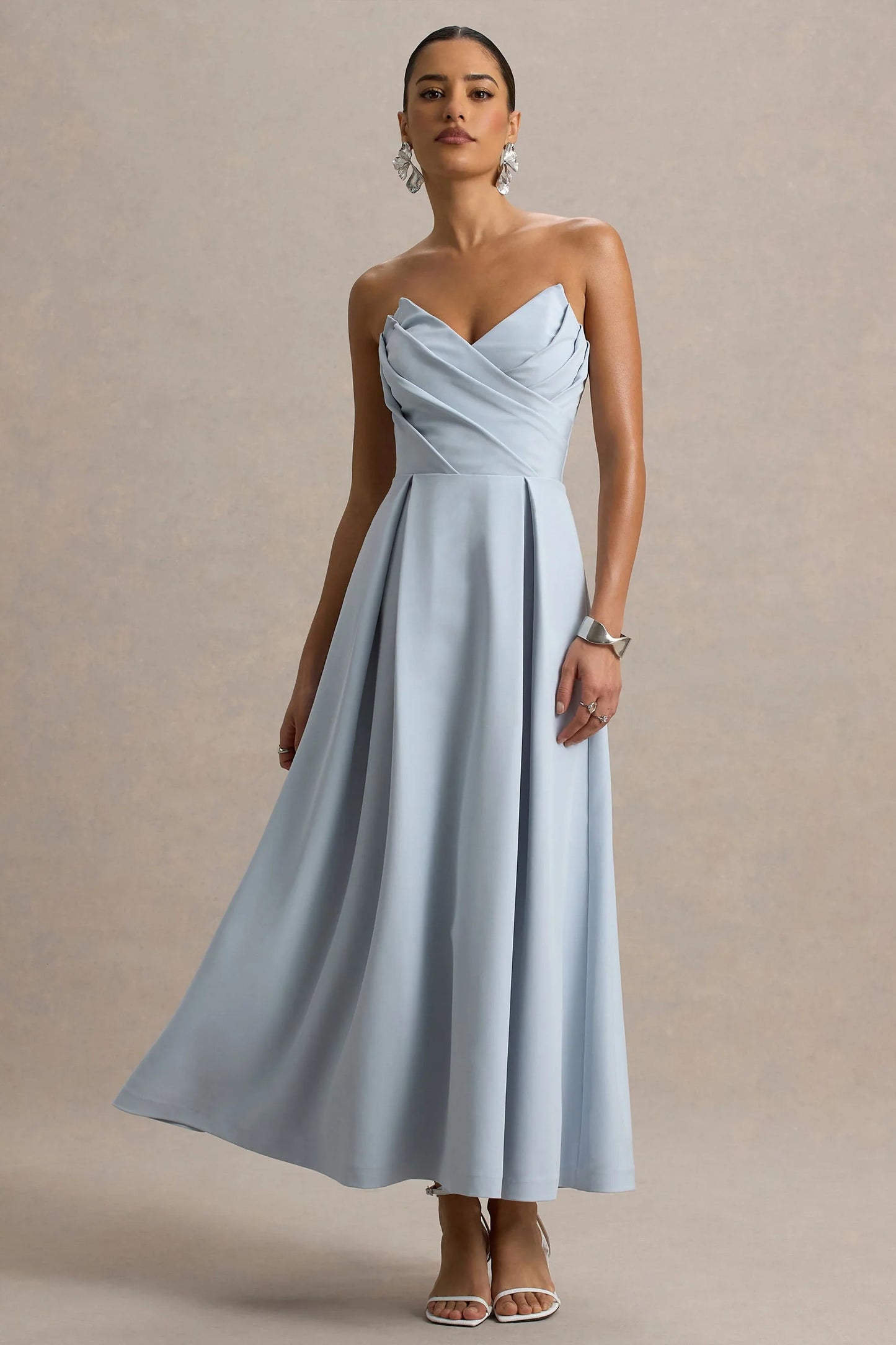 Reigning Beauty Powder Blue Sweetheart Midi Dress With Volume Hem