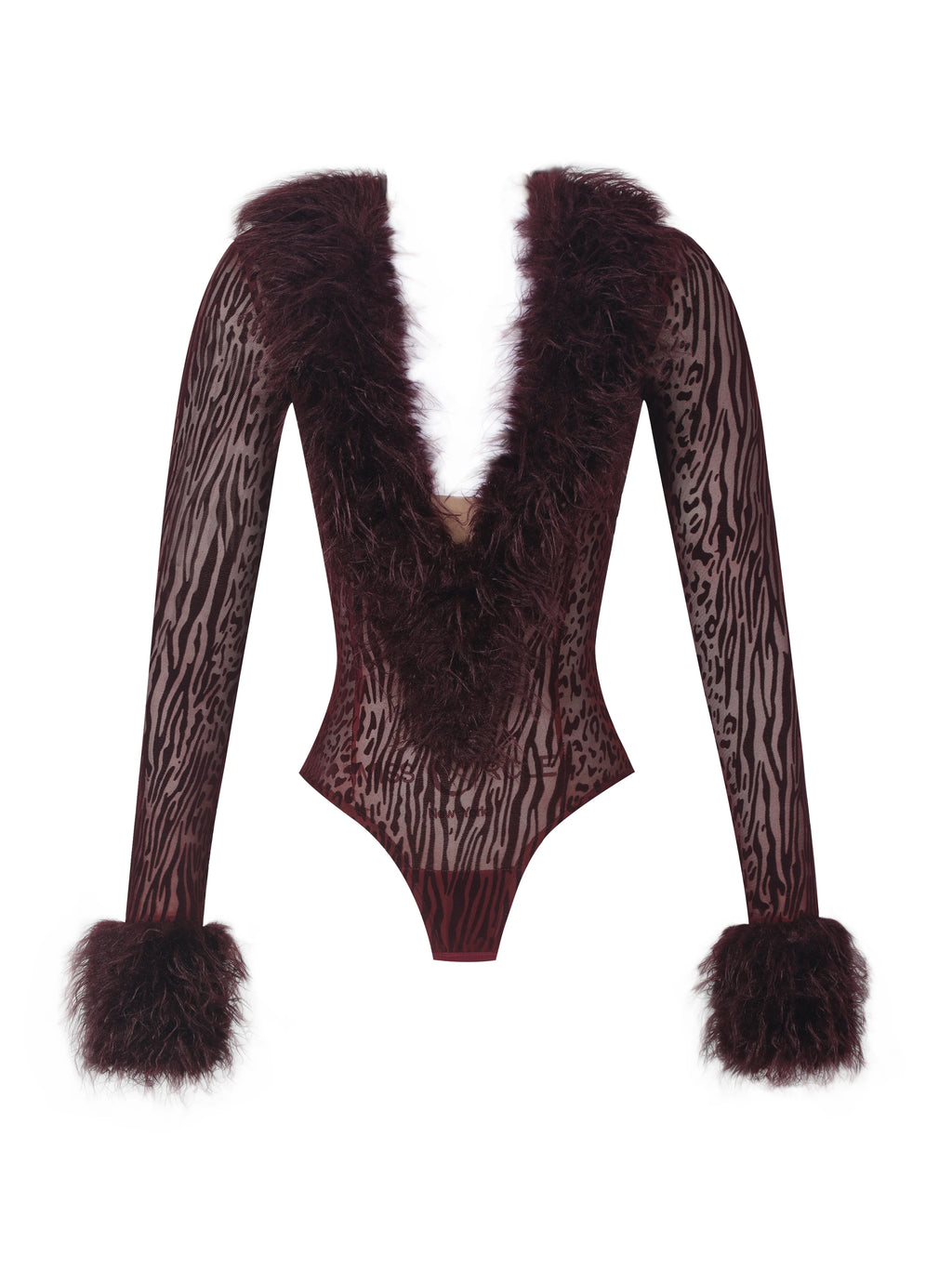 Valene Burgundy Burnout Velvet Fur Trim Bodysuit