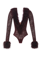 Valene Burgundy Burnout Velvet Fur Trim Bodysuit