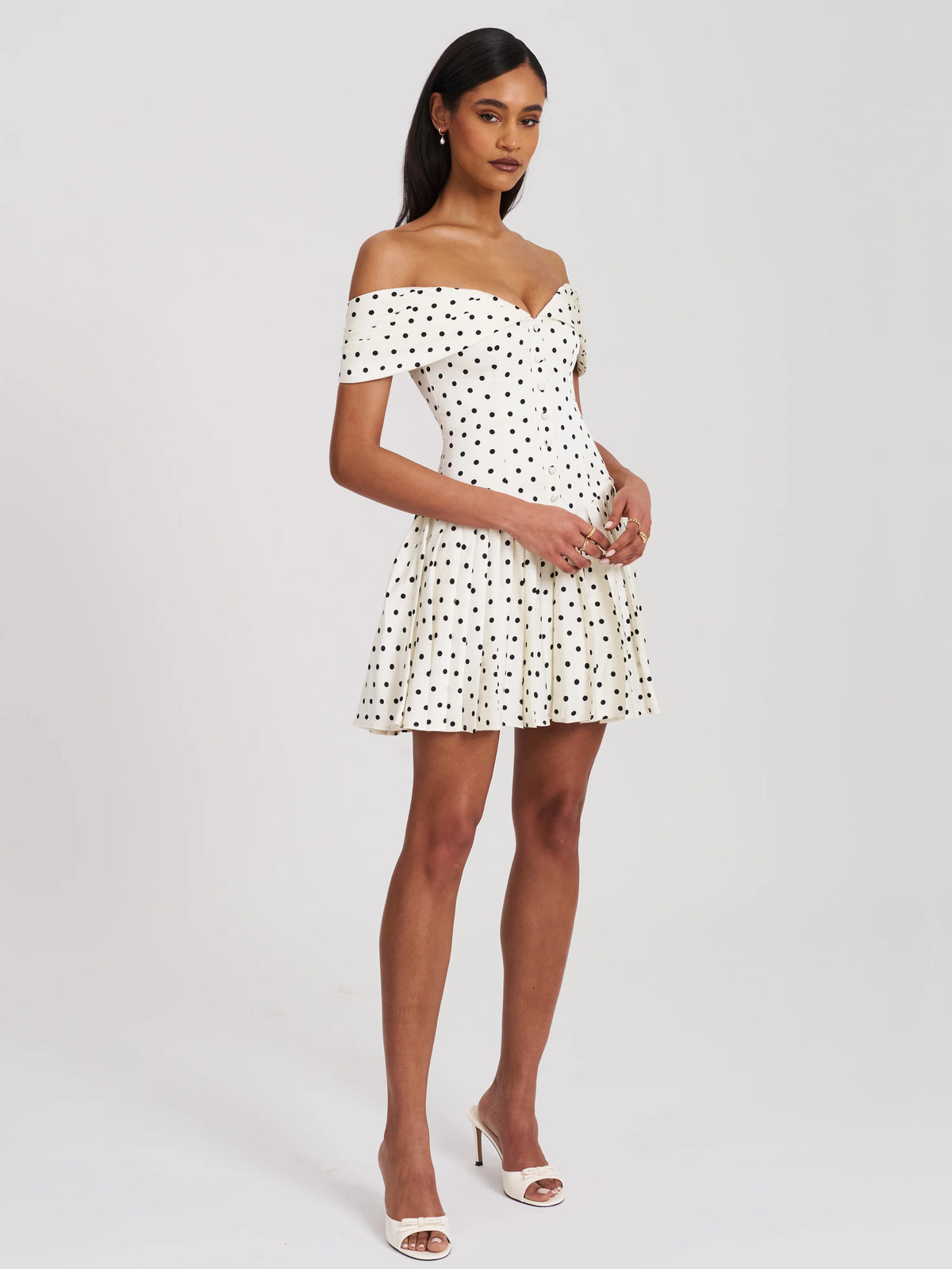Edeline Polka Dot Off shoulder Pleated Mini Dress