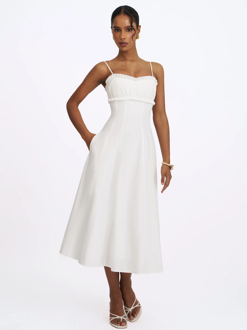 Vicenta White Cotton Poplin Ruched Midi Dress