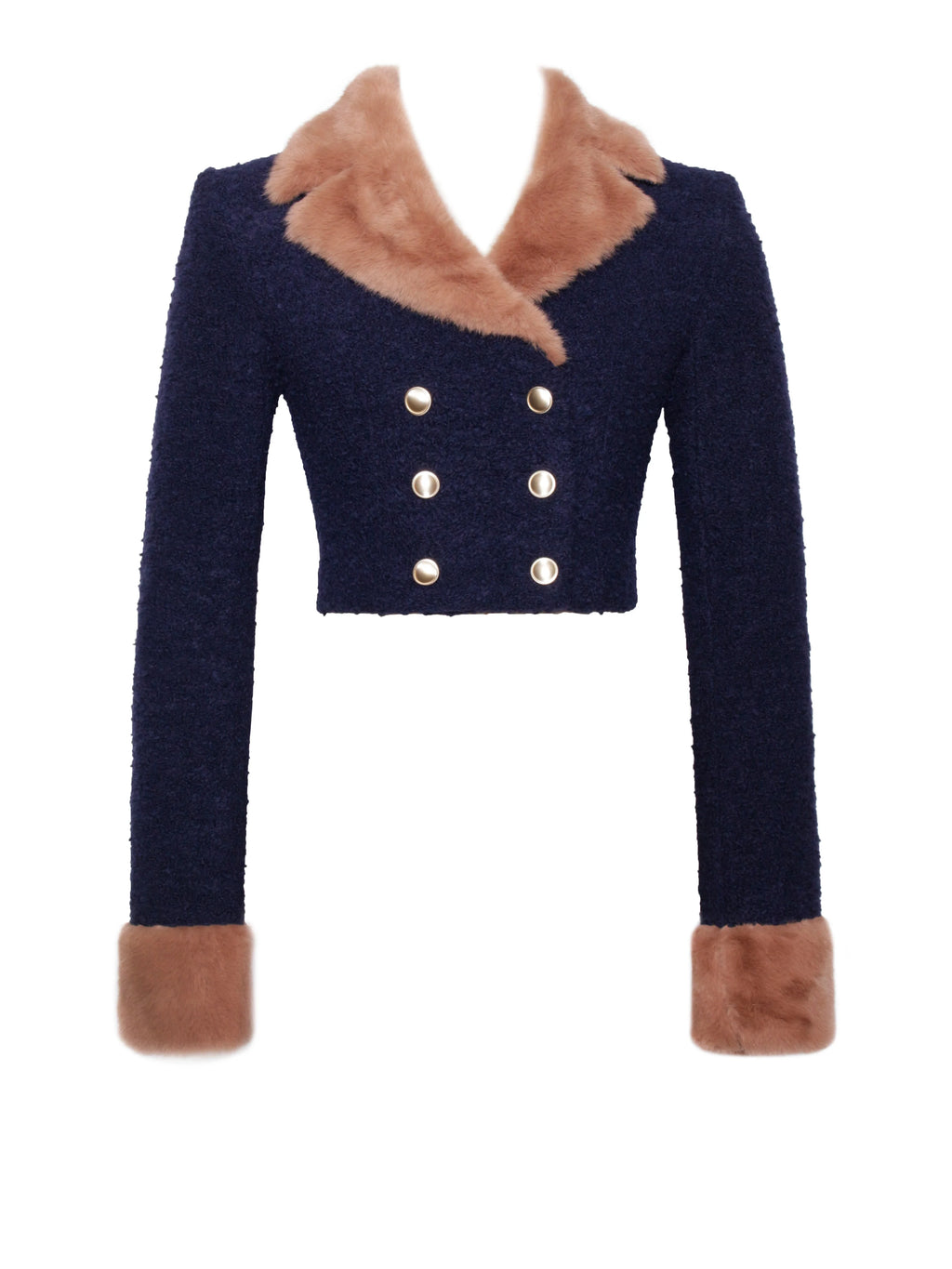 Wava Navy Blue Double Breast Fur Trim Cropped Boucle Wool Jacket Archive Sale